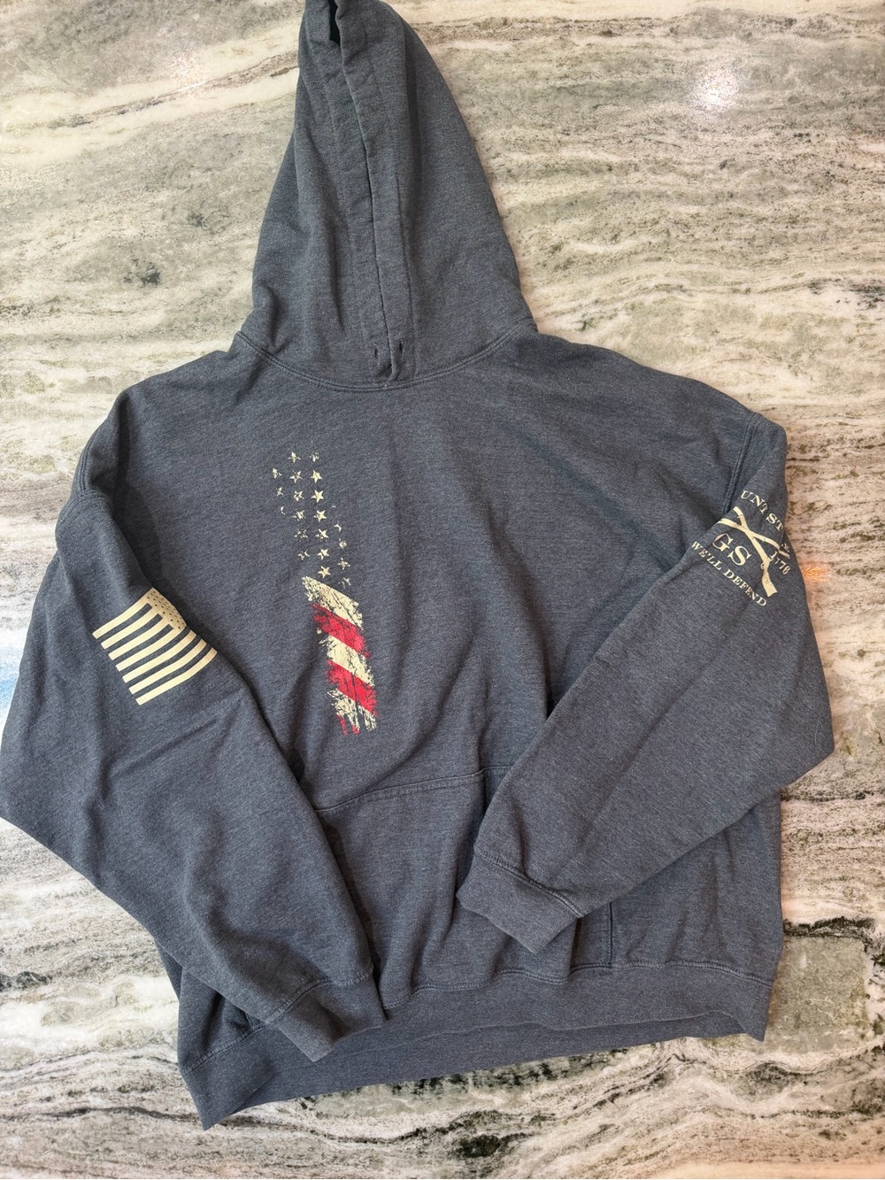 Grunt Style Gray Hoodie with Distressed American Flag Accents